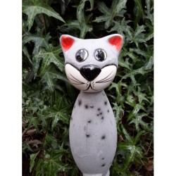 Gartenstecker Keramik-Katze grau