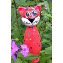 Gartenstecker Keramik-Katze orange mit bunten Effekten