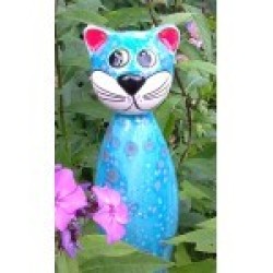 Gartenstecker Keramik-Katze hellblau