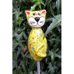 Gartenstecker Keramik-Katze mini gelb bunte Effekte