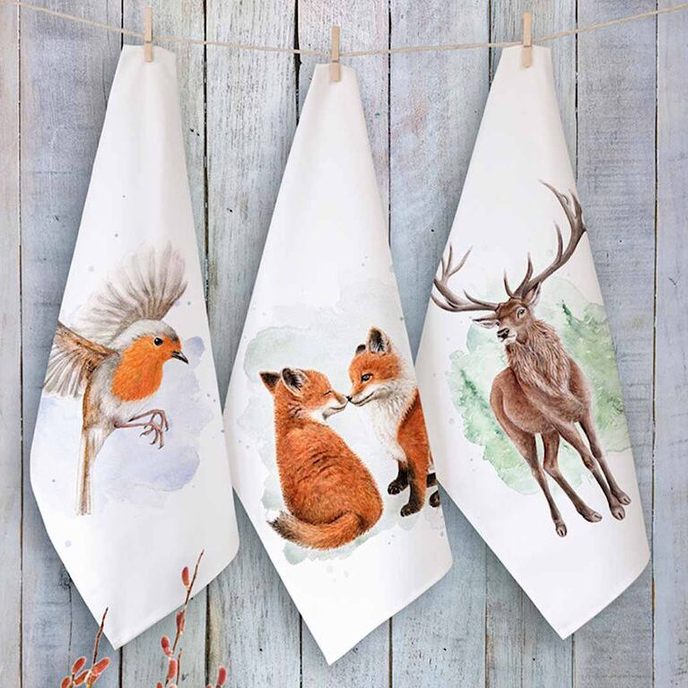 Maluu Geschirrtücher mit Hirsch Fuchs und Rotkehlchen Illustration