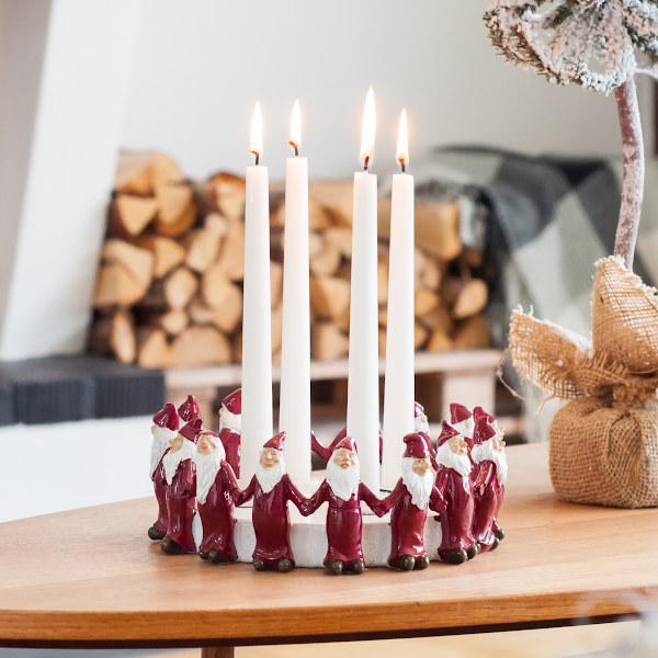 Harvesttime Adventsleuchter mit Wichteln schwedische Weihnachtsdeko weiss rot